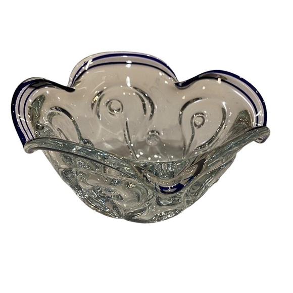 1990s Lillian Vernon Crystal Candy Bowl With Cobalt And Ruffle Edge Vintage - Picture 4 of 15